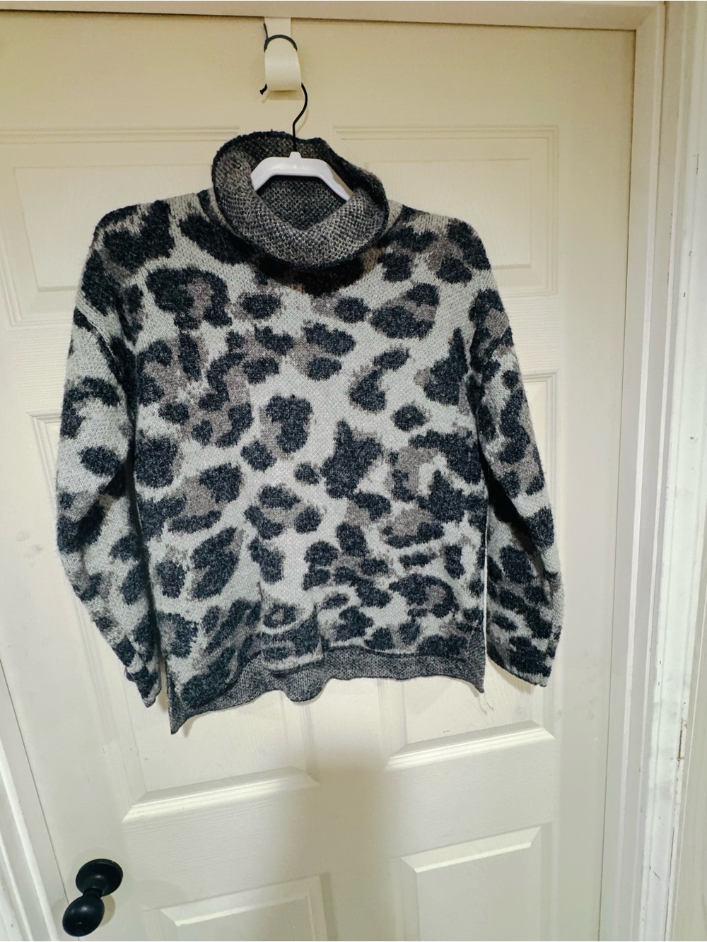 DKNY Black and Gray Leopard-Print Turtleneck Sweater
